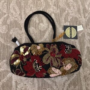 NWT Made in India Beaded Floral Flower Shoulder Bag Maroon Brown Fall Winter New